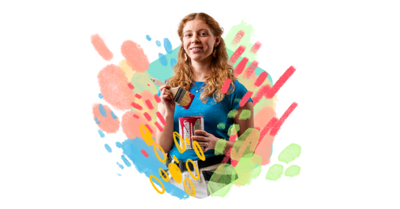 A person holding a painting brush against mint background with colourful abstract accents.