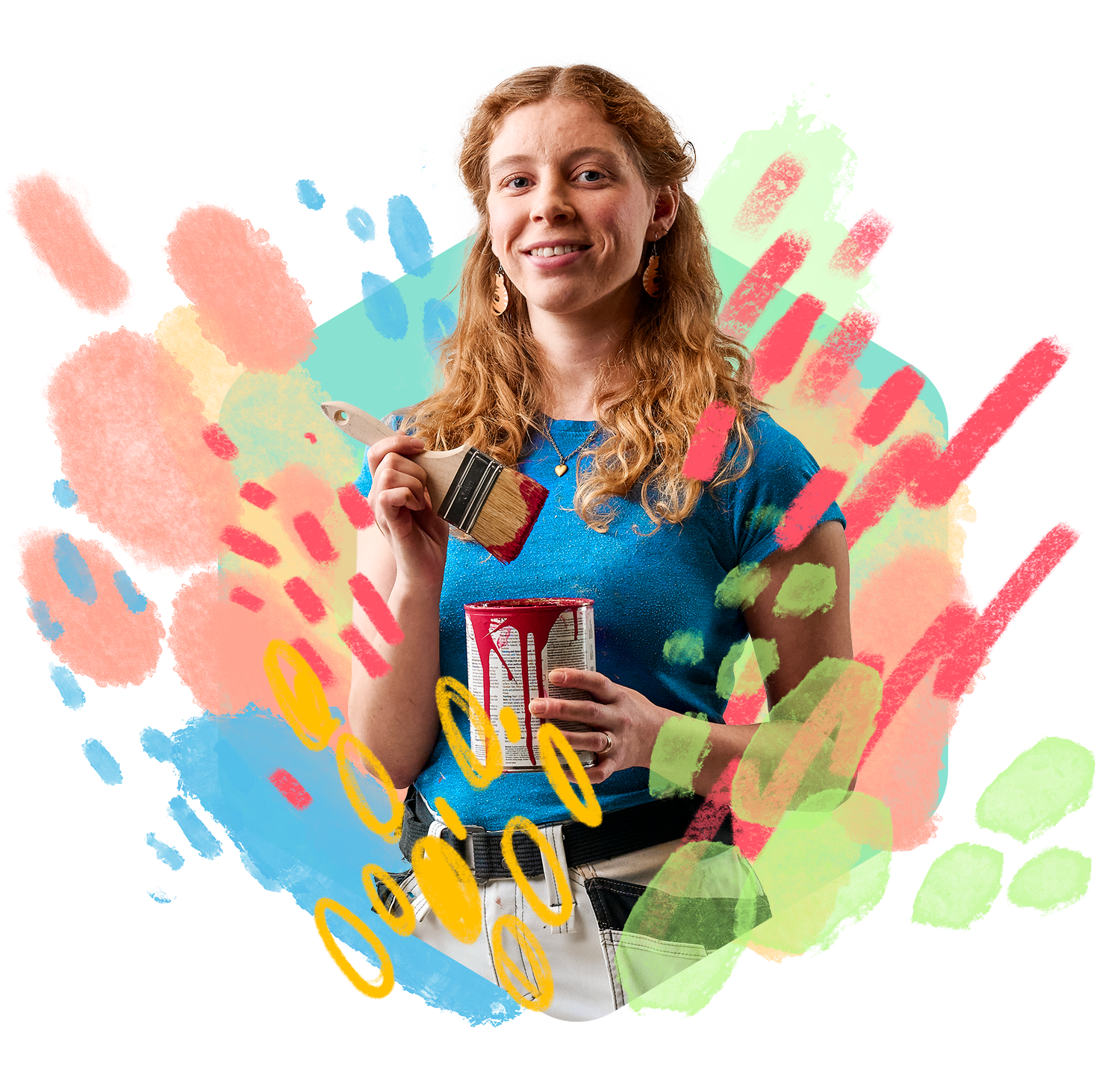 A person holding a painting brush against mint background with colourful abstract accents.