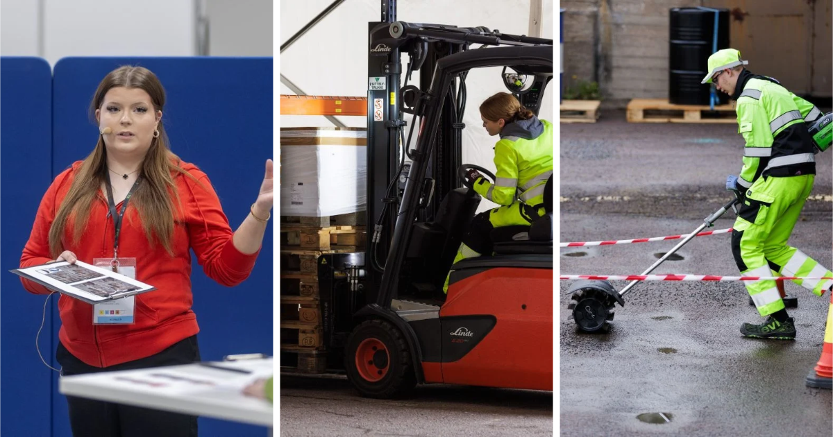 Three competitors in action: a presenter in a red hoodie, a forklift driver in hi-vis, and a worker in hi-vis cleaning an outdoor area.